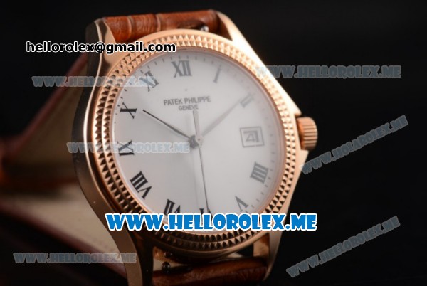 Patek Philippe Calatrava Miyota 9015 Automatic Rose Gold Case with White Dial Brown Leather Strap and Roman Numeral Markers - Click Image to Close